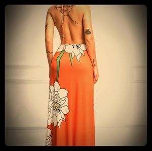 Floral Print Open Back Halter Maxi Dress